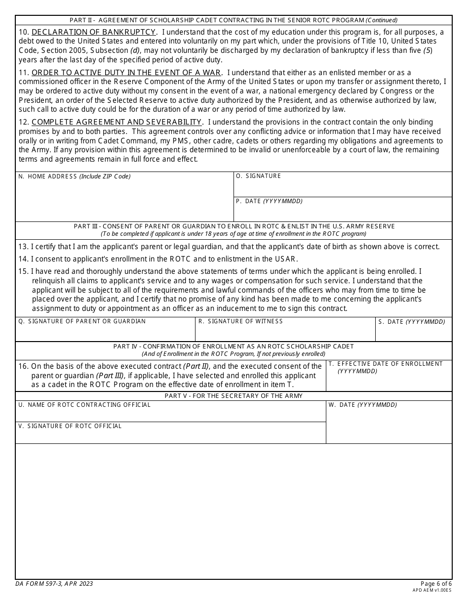 DA Form 597-3 Army Senior Reserve Officers Training Corps (Rotc) Scholarship Cadet Contract, Page 6