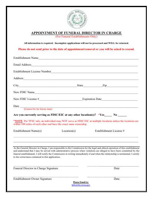 Appointment / Removal of Funeral Director in Charge - Texas Download Pdf