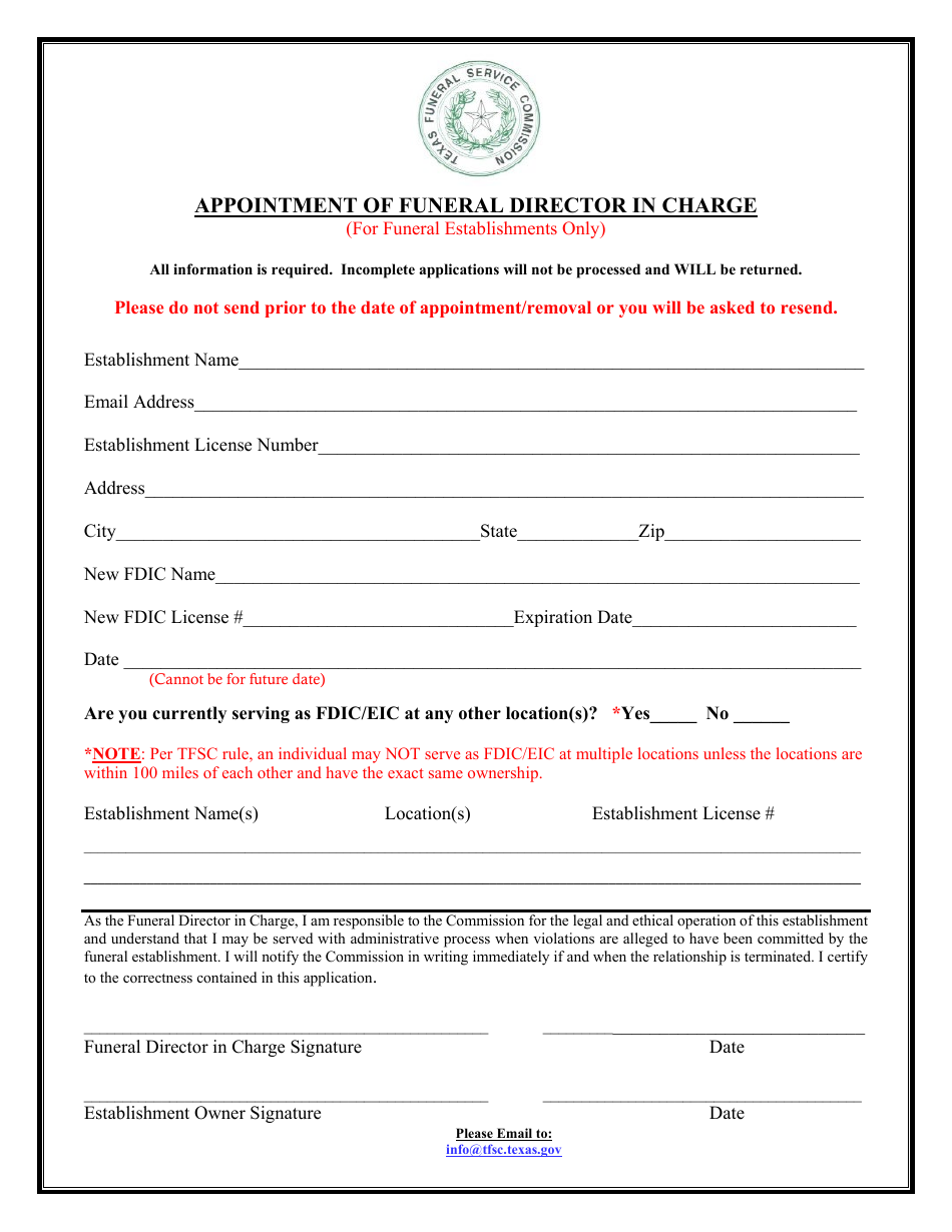 Appointment / Removal of Funeral Director in Charge - Texas, Page 1