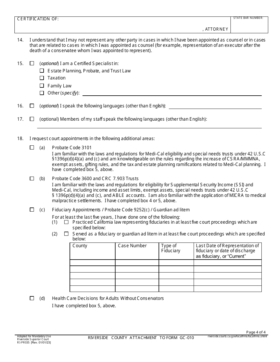 Form RI-PR035 Riverside County Attachment to Form Gc-010 - County of Riverside, California, Page 4