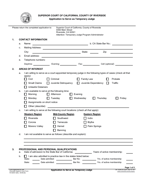 Form RI-AD001 Application to Serve as Temporary Judge - County of Riverside, California
