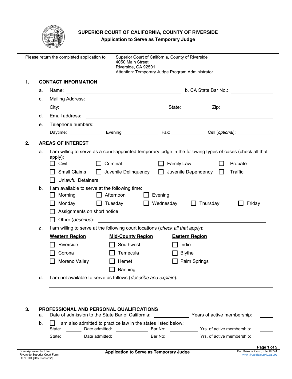 Form RI-AD001 Application to Serve as Temporary Judge - County of Riverside, California, Page 1