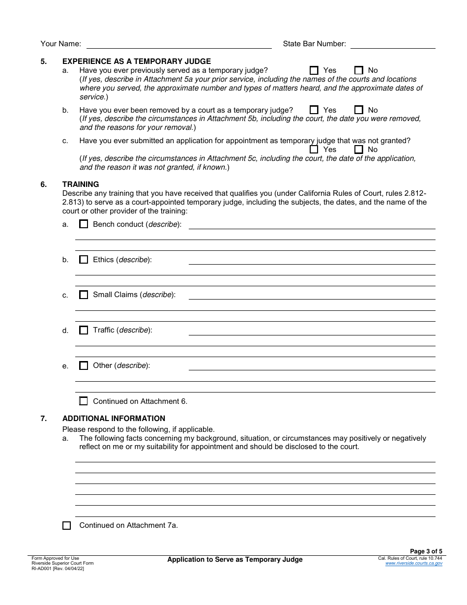 Form RI-AD001 Application to Serve as Temporary Judge - County of Riverside, California, Page 3