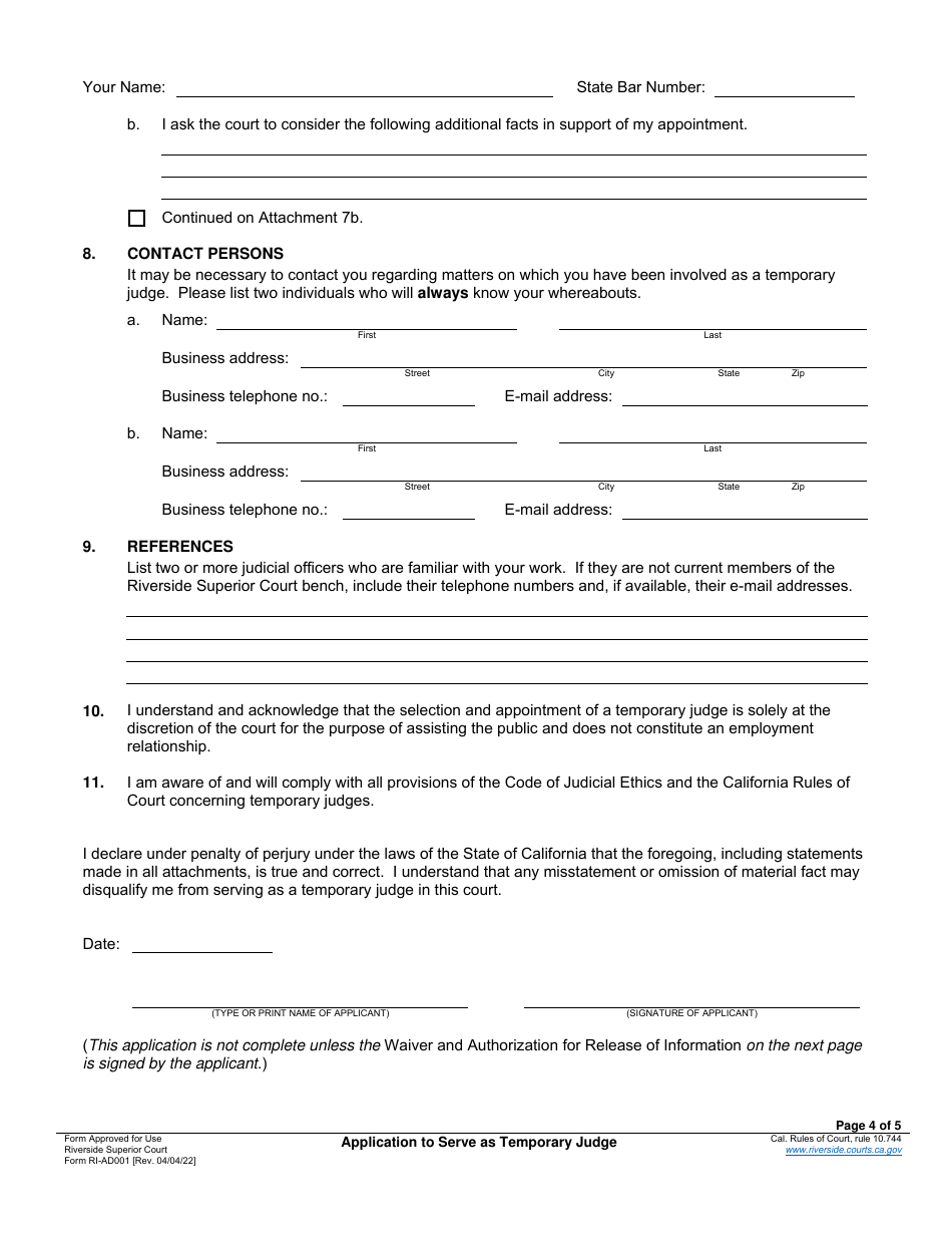 Form RI-AD001 Application to Serve as Temporary Judge - County of Riverside, California, Page 4