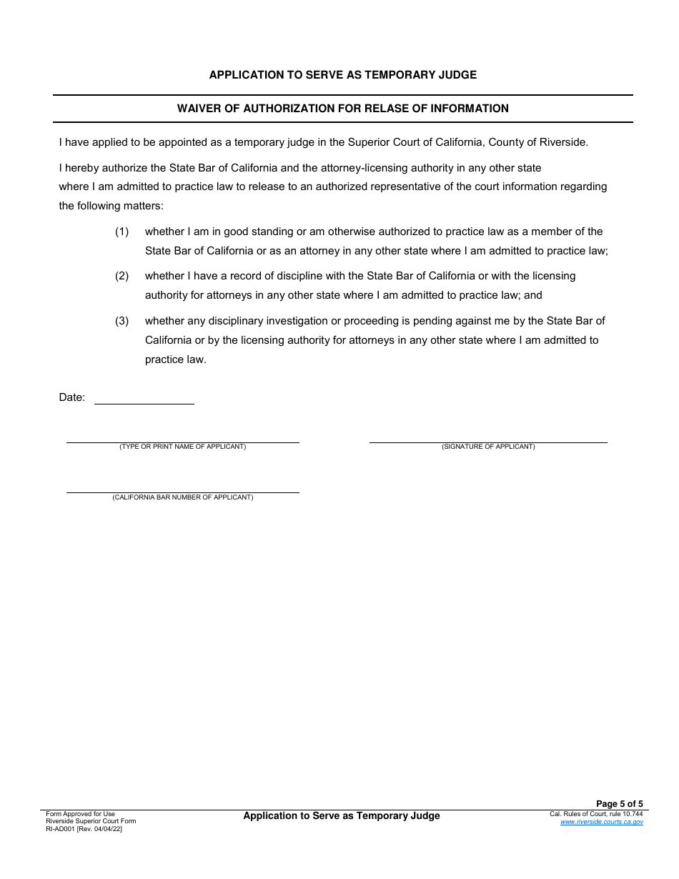 Form RI-AD001 Application to Serve as Temporary Judge - County of Riverside, California, Page 5