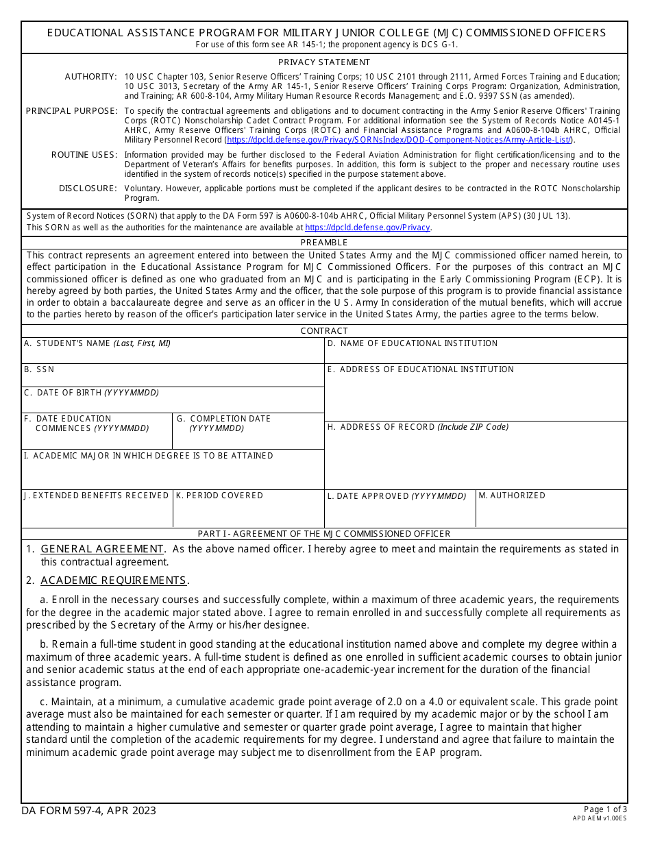 DA Form 597-4 Educational Assistance Program for Military Junior College (Mjc) Commissioned Officers, Page 1