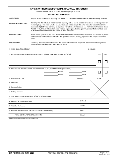 DA Form 5425 Applicant/Nominee Personal Financial Statement