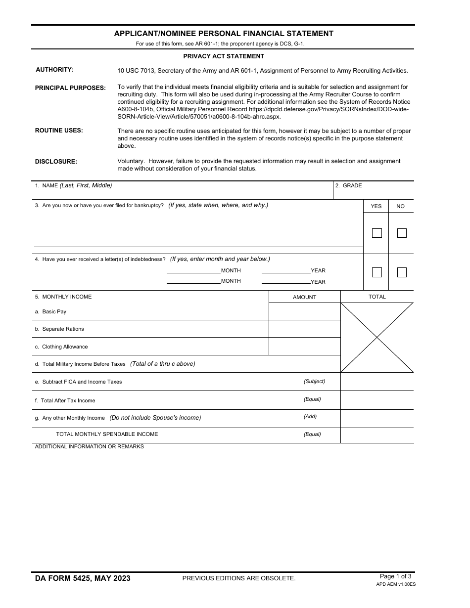 DA Form 5425 Applicant / Nominee Personal Financial Statement, Page 1