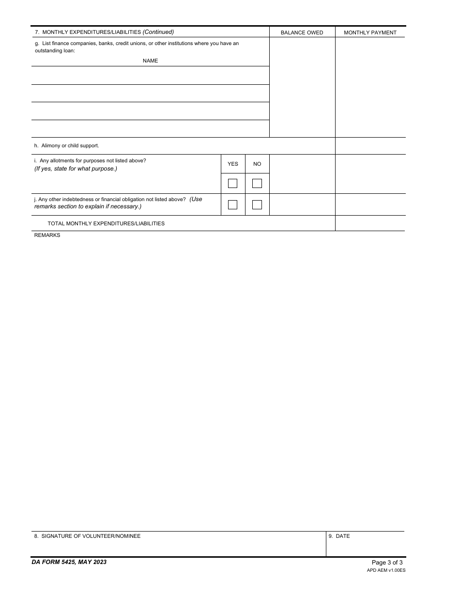 DA Form 5425 Applicant / Nominee Personal Financial Statement, Page 3