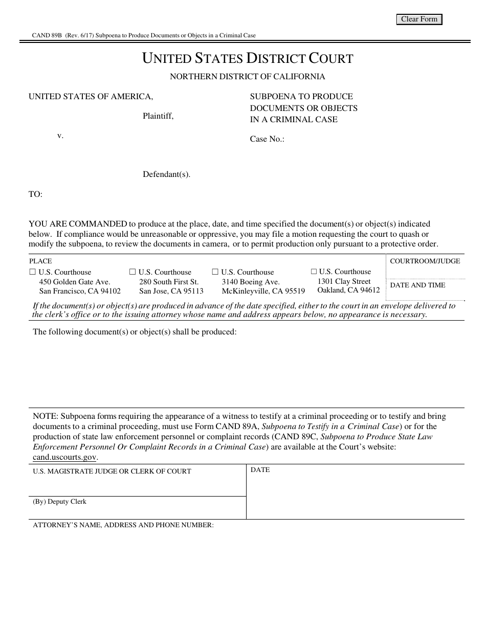 Form CAND89B Subpoena to Produce Documents or Objects in a Criminal Case - California, Page 1