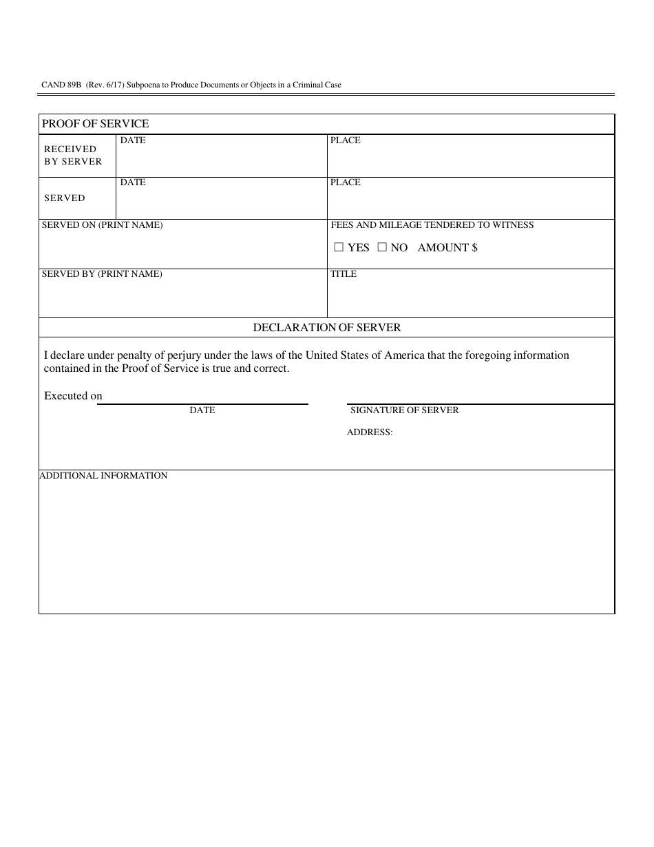 Form CAND89B Subpoena to Produce Documents or Objects in a Criminal Case - California, Page 2