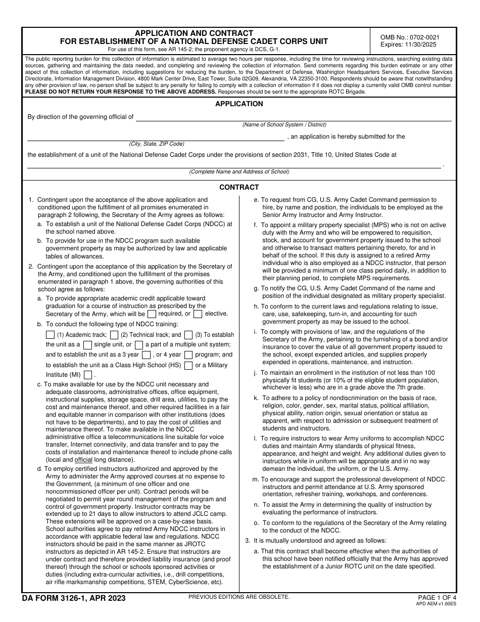 DA Form 3126-1 Application and Contract for Establishment of a National Defense Cadet Corps Unit, Page 1