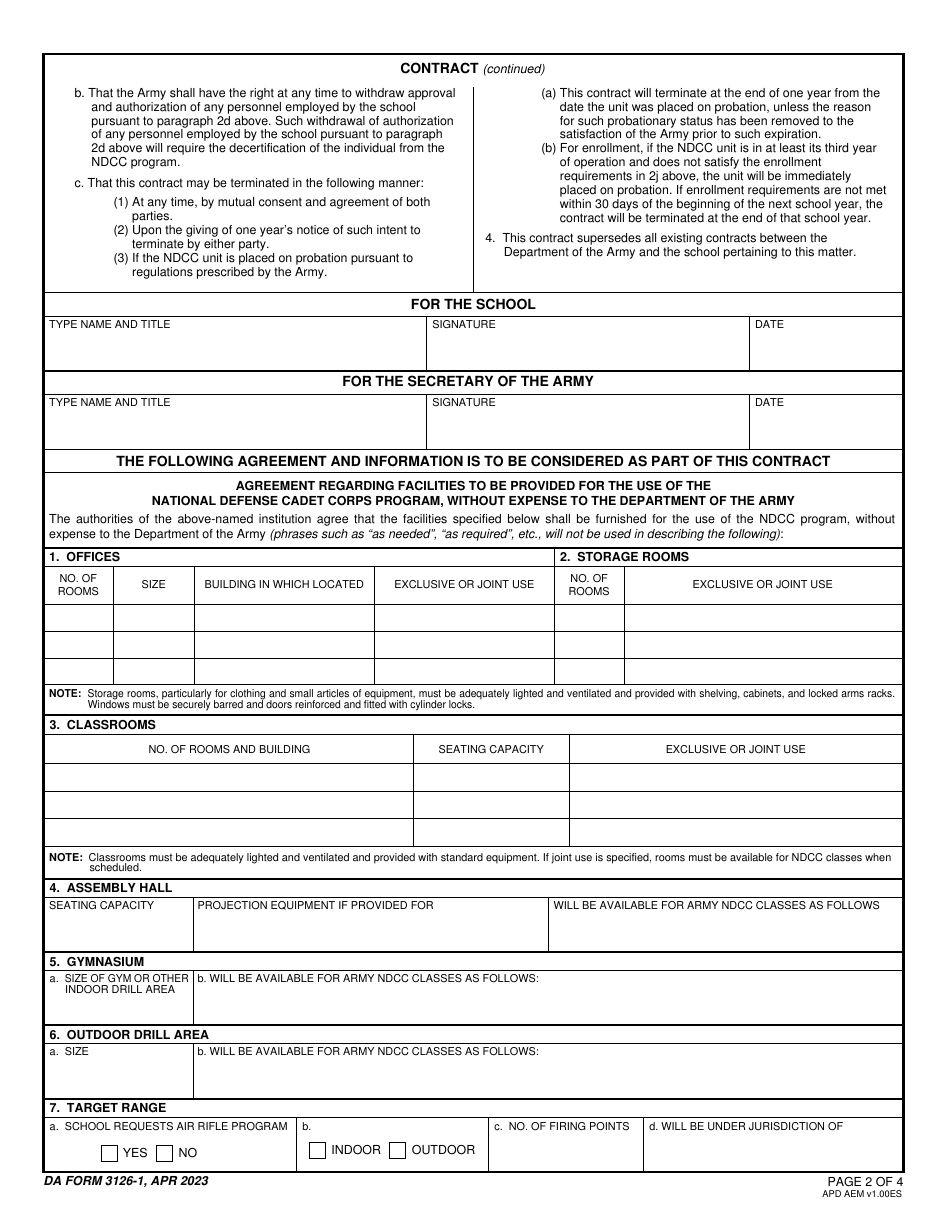 DA Form 3126-1 Application and Contract for Establishment of a National Defense Cadet Corps Unit, Page 2