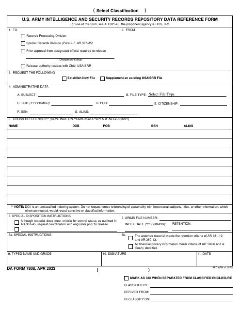DA Form 7808 U.S. Army Intelligence and Security Records Repository Data Reference Form