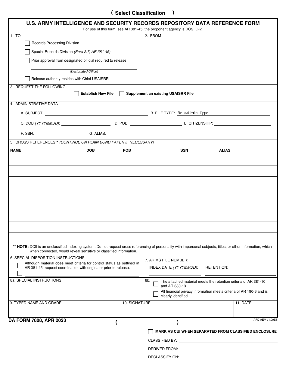 DA Form 7808 U.S. Army Intelligence and Security Records Repository Data Reference Form, Page 1