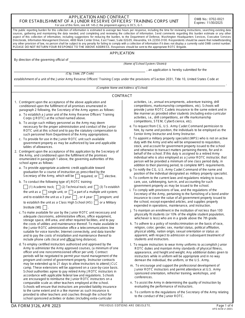 DA Form 3126 Application and Contract for Establishment of a Junior Reserve Officers Training Corps Unit, Page 1