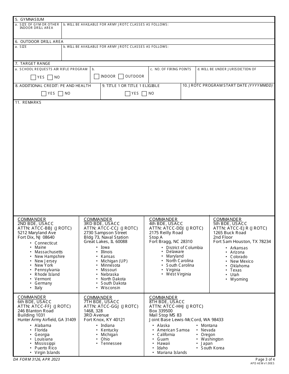 DA Form 3126 Application and Contract for Establishment of a Junior Reserve Officers Training Corps Unit, Page 3