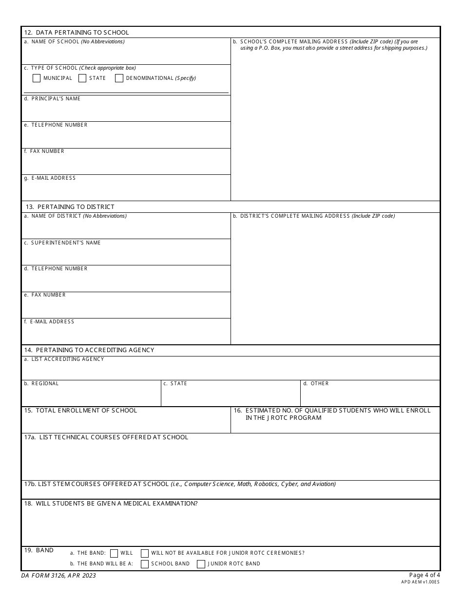 DA Form 3126 Application and Contract for Establishment of a Junior Reserve Officers Training Corps Unit, Page 4