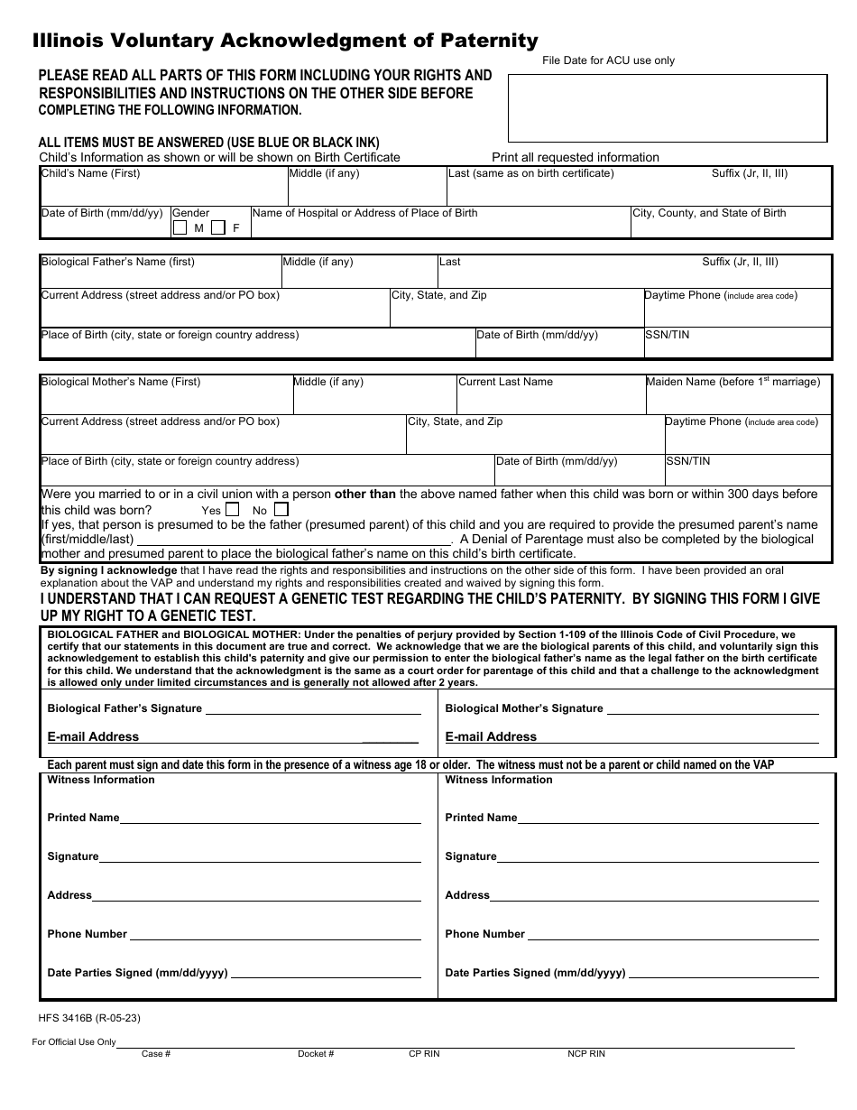 Form HFS3416B Illinois Voluntary Acknowledgment of Paternity - Illinois, Page 1