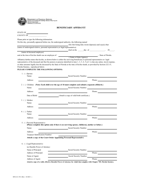 Form DFS-A3-1912 Beneficiary Affidavit - Florida