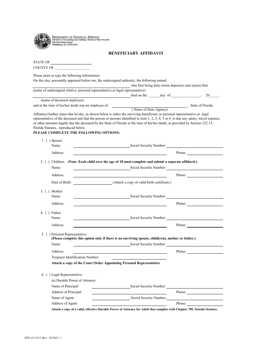 Form DFS-A3-1912 Beneficiary Affidavit - Florida, Page 1