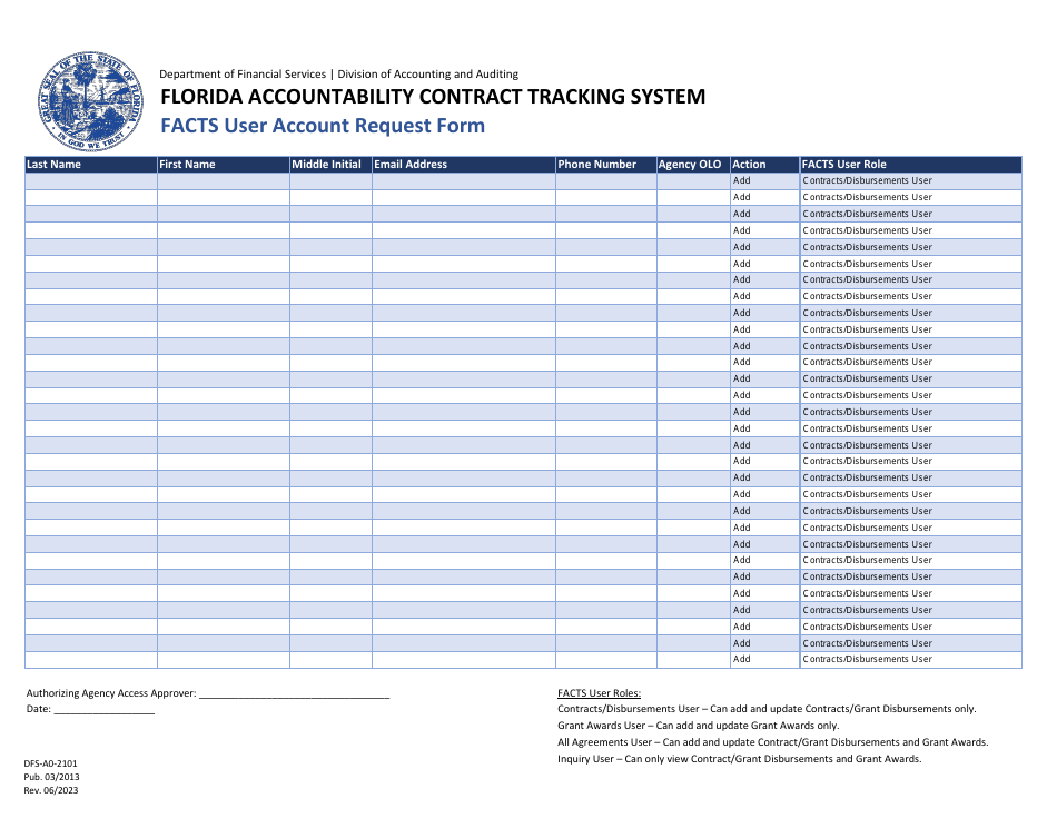Form DFS-A0-2101 Florida Accountability Contract Tracking System (Facts) User Account Request Form - Florida, Page 1