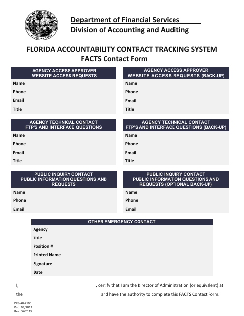 Form DFS-A0-2100 Florida Accountability Contract Tracking System (Facts) Contact Form - Florida