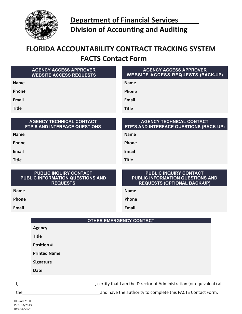 Form DFS-A0-2100 Florida Accountability Contract Tracking System (Facts) Contact Form - Florida, Page 1