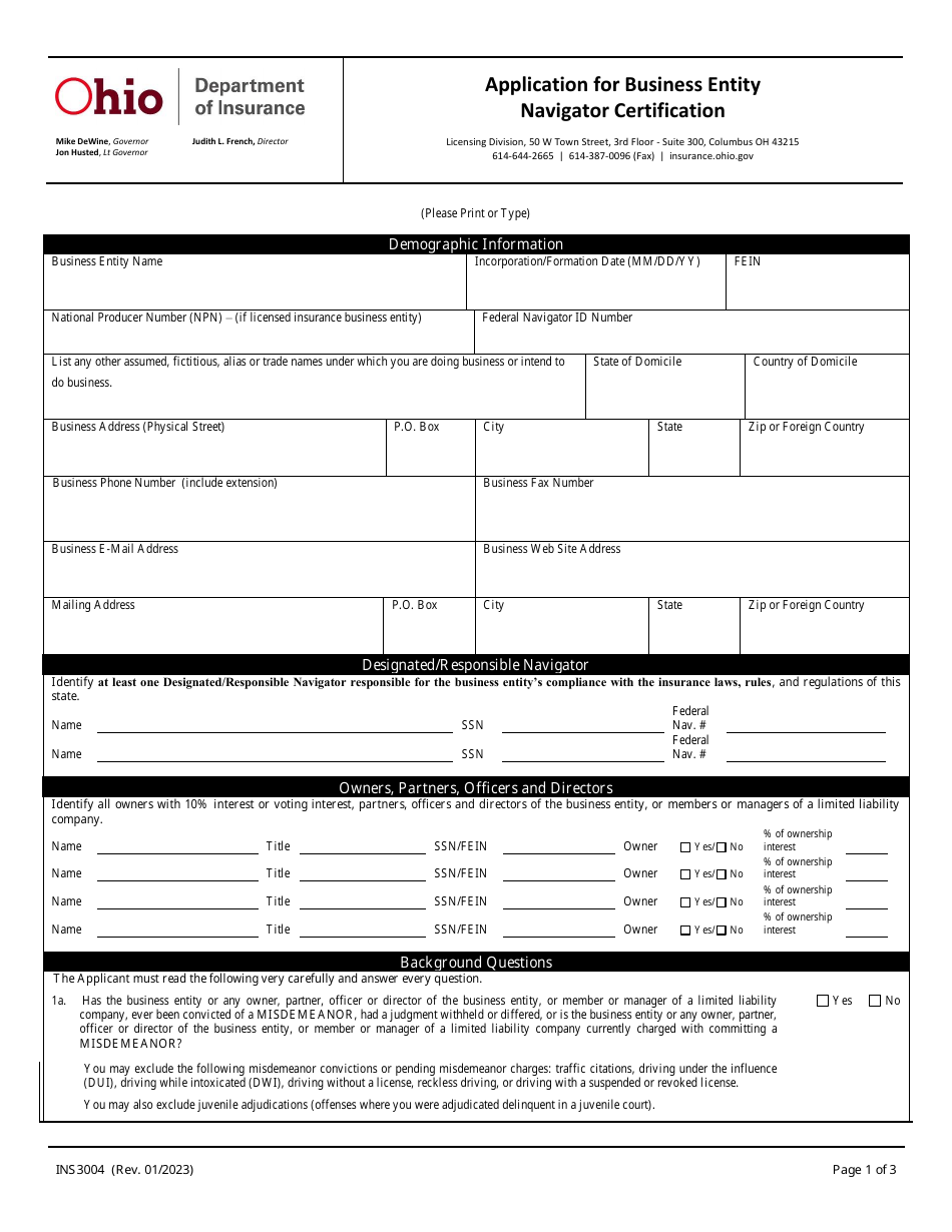 Form INS3004 Application for Business Entity Navigator Certification - Ohio, Page 1
