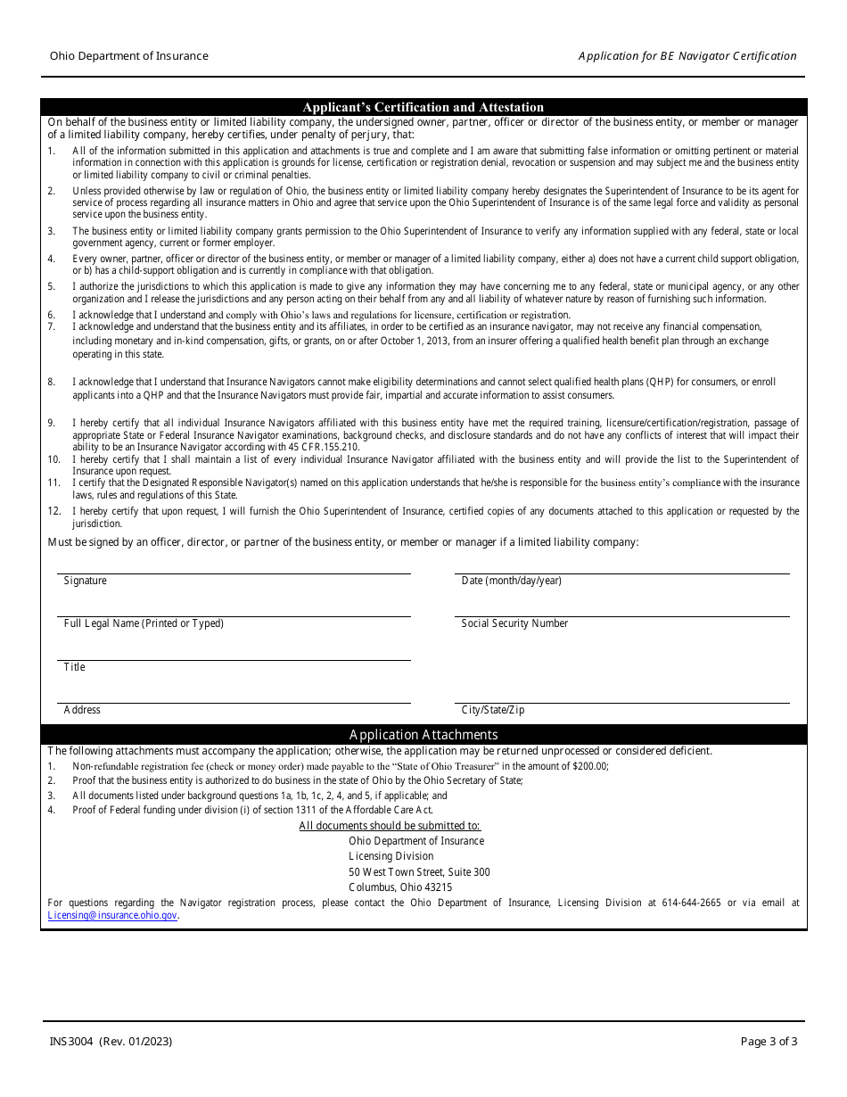 Form INS3004 Application for Business Entity Navigator Certification - Ohio, Page 3