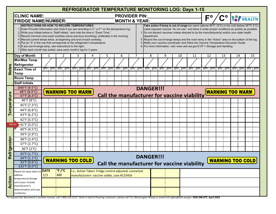 DOH Form 348-077 Temperature Monitoring Log - Washington, Page 1