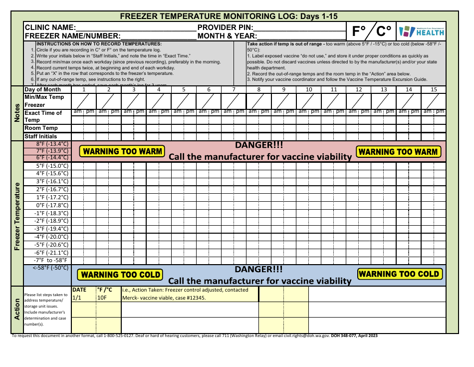DOH Form 348-077 Temperature Monitoring Log - Washington, Page 3