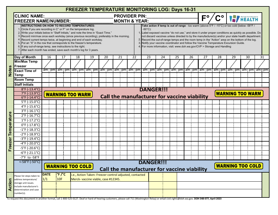 DOH Form 348-077 Temperature Monitoring Log - Washington, Page 4