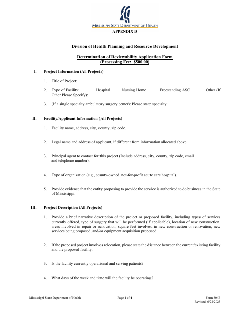 Form 804E Appendix D Determination of Reviewability Application Form - Mississippi