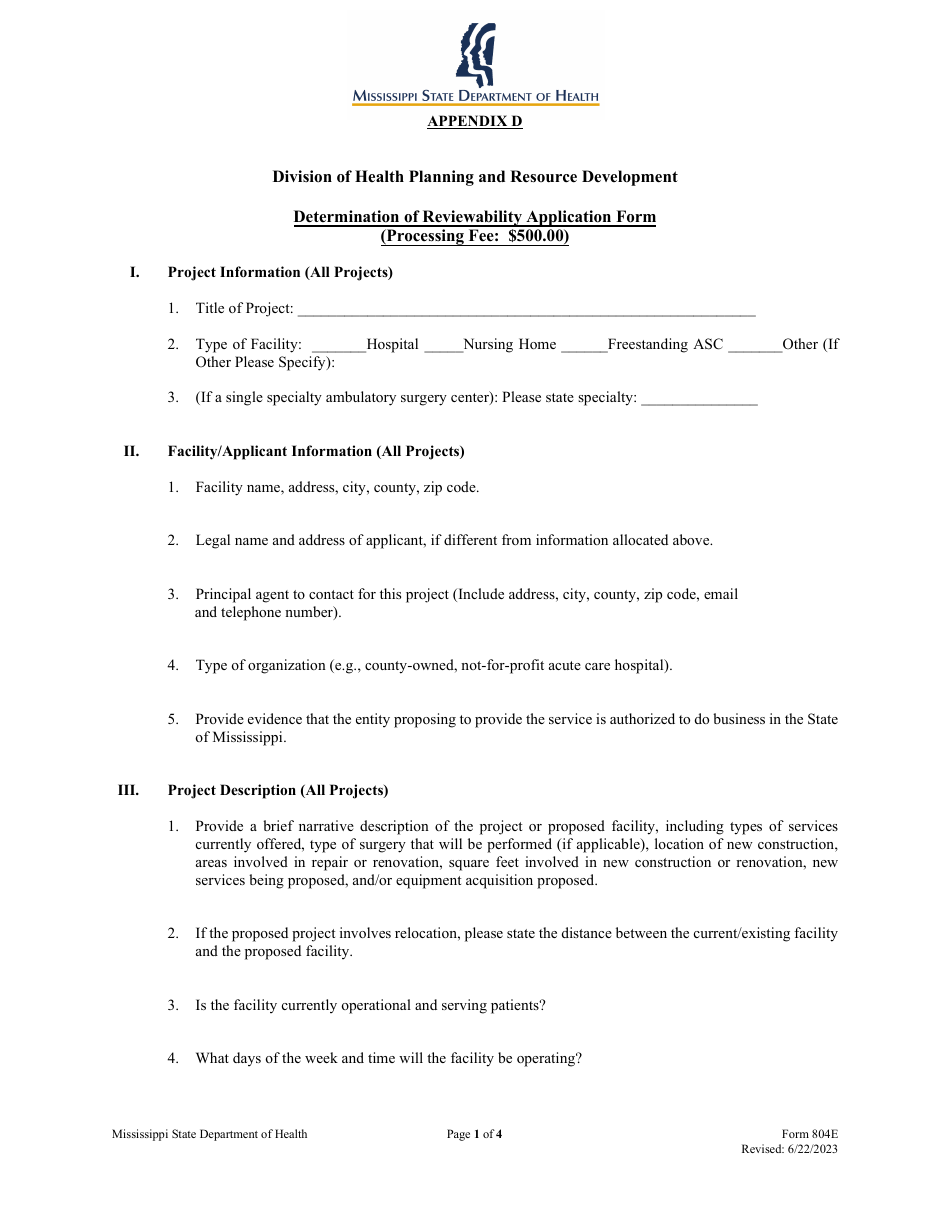 Form 804E Appendix D Determination of Reviewability Application Form - Mississippi, Page 1
