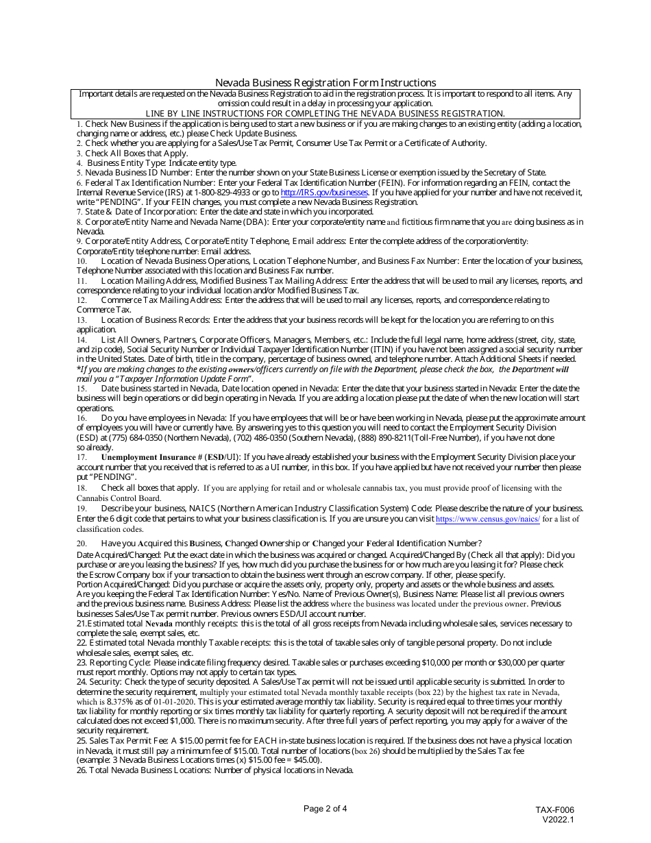 Form TAX-F006 Nevada Business Registration - Nevada, Page 2