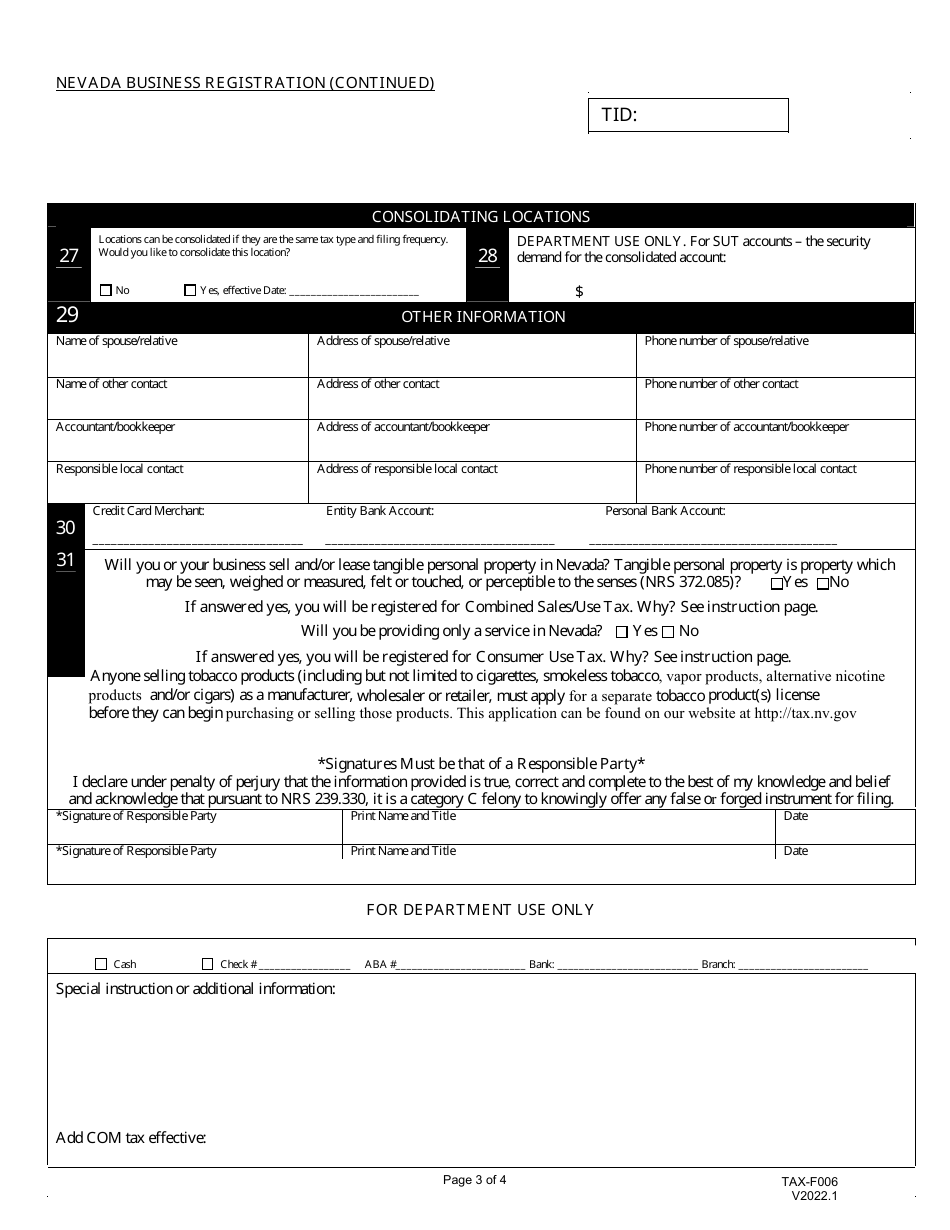 Form TAX-F006 Nevada Business Registration - Nevada, Page 3