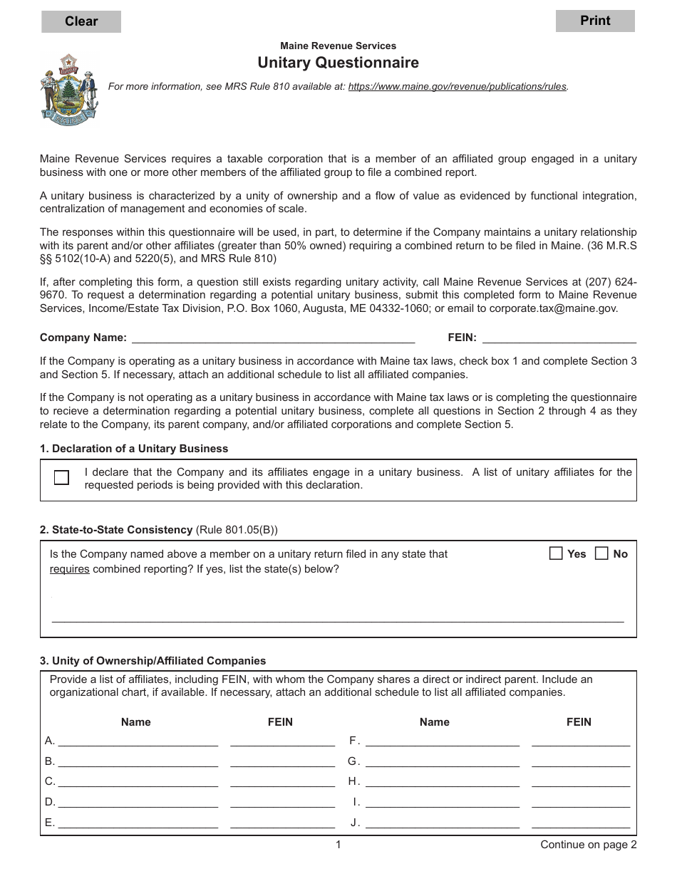 Unitary Questionnaire - Maine, Page 1