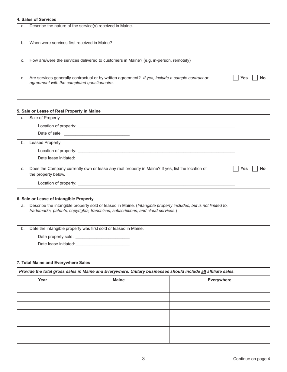 Income Tax Nexus Questionnaire - Maine, Page 3