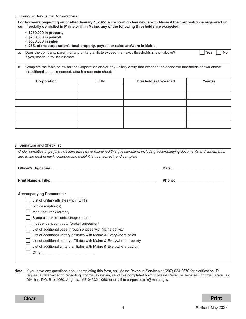 Income Tax Nexus Questionnaire - Maine, Page 4