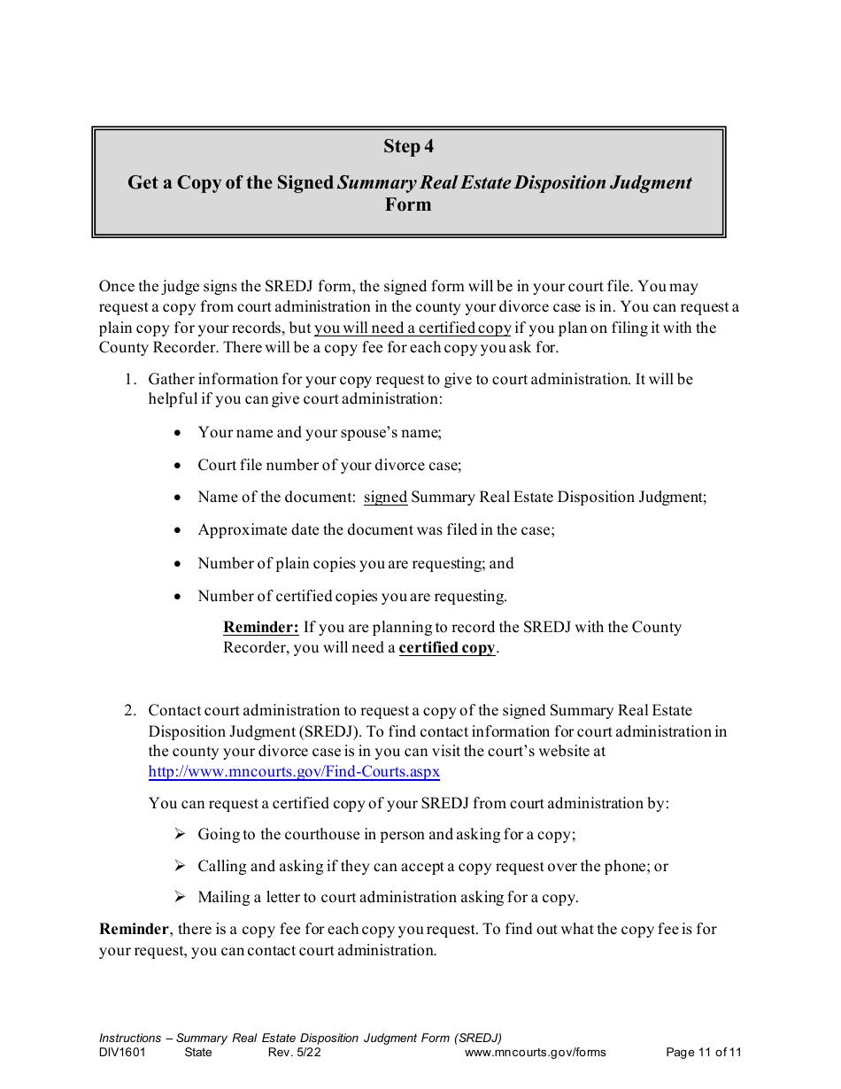 Form DIV1601 Instructions - Summary Real Estate Disposition Judgment Form - Minnesota, Page 11