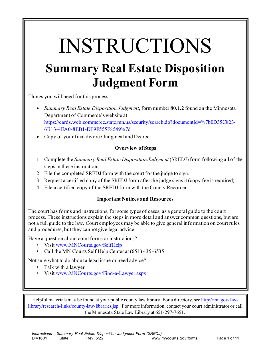 Form DIV1601 Instructions - Summary Real Estate Disposition Judgment Form - Minnesota, Page 1