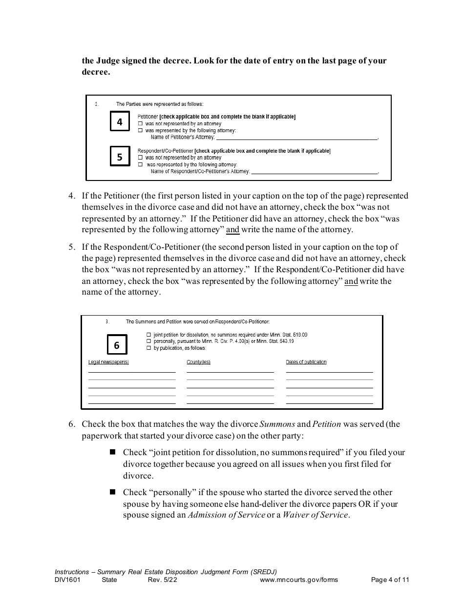 Form DIV1601 Instructions - Summary Real Estate Disposition Judgment Form - Minnesota, Page 4