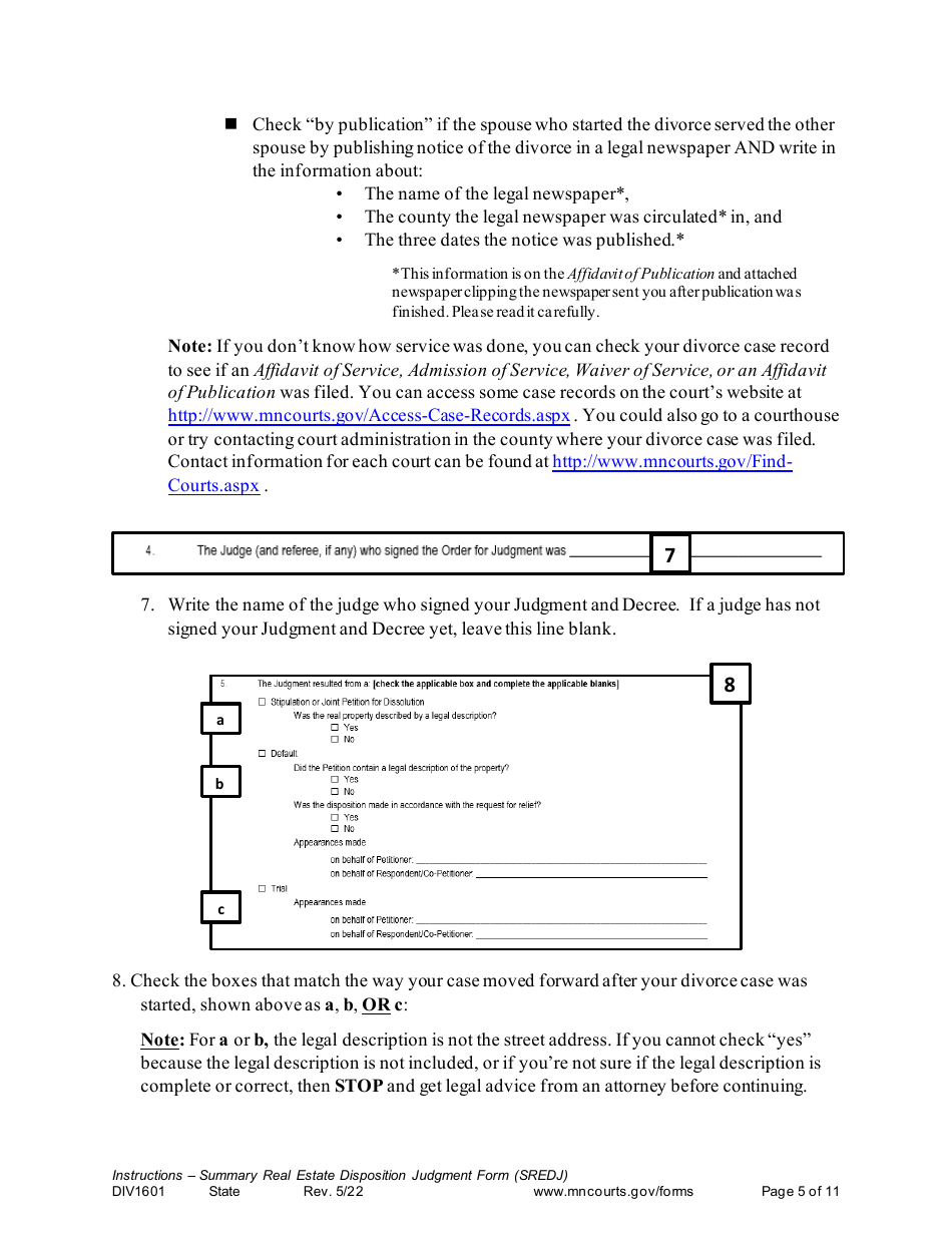 Form DIV1601 Instructions - Summary Real Estate Disposition Judgment Form - Minnesota, Page 5