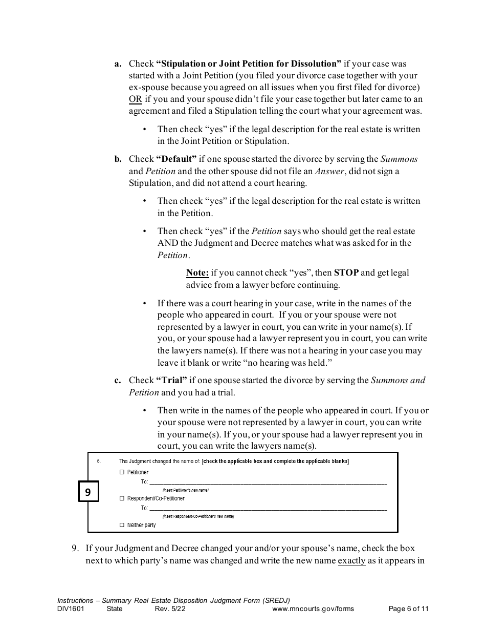 Form DIV1601 Instructions - Summary Real Estate Disposition Judgment Form - Minnesota, Page 6