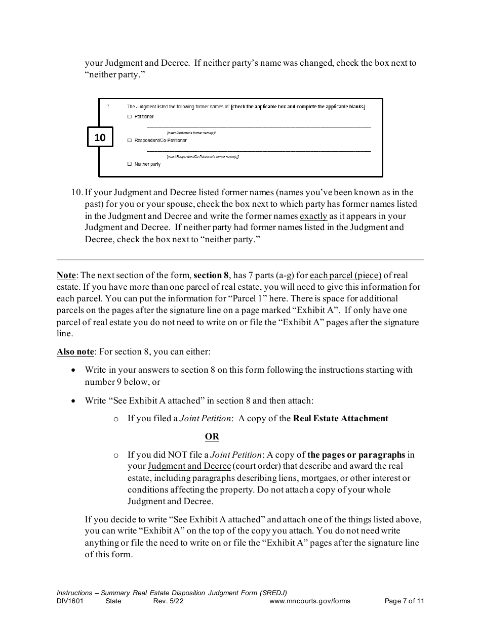 Form DIV1601 Instructions - Summary Real Estate Disposition Judgment Form - Minnesota, Page 7