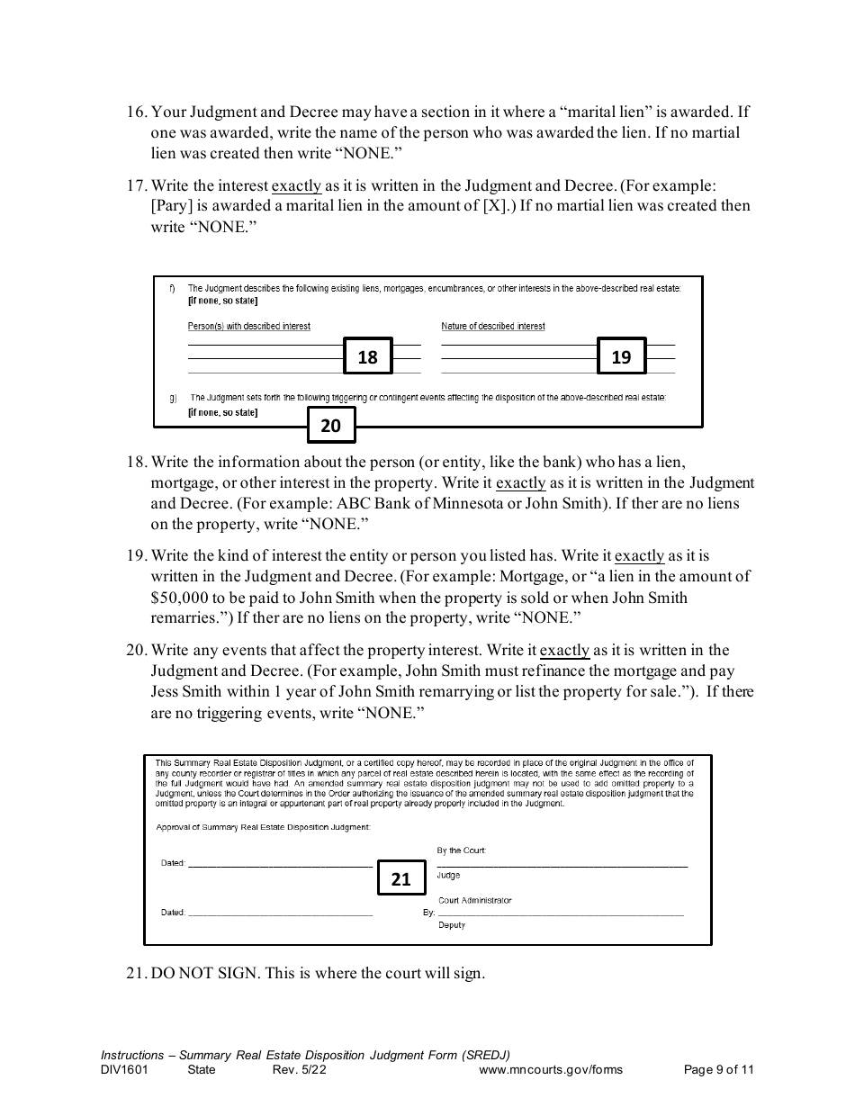 Form DIV1601 Instructions - Summary Real Estate Disposition Judgment Form - Minnesota, Page 9