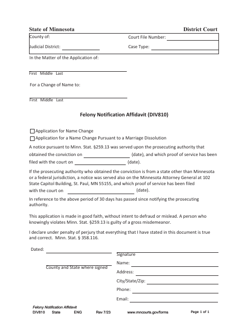 Form DIV810 Felony Notification Affidavit - Minnesota