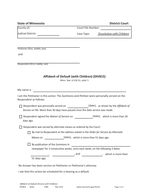 Form DIV815 Affidavit of Default (With Children) - Minnesota