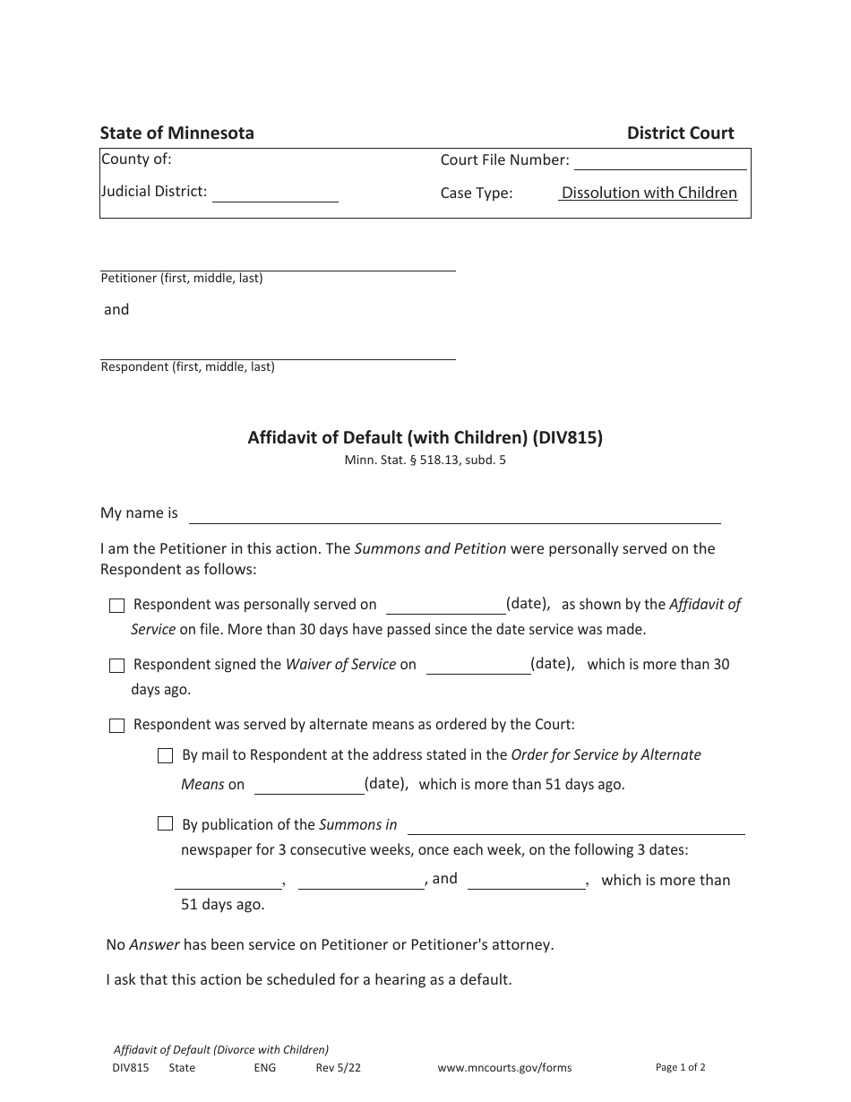 Form DIV815 Affidavit of Default (With Children) - Minnesota, Page 1